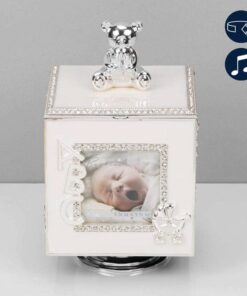 Cutiuta muzicala rotitoare, cub argintat cu rame foto pentru bebelusi