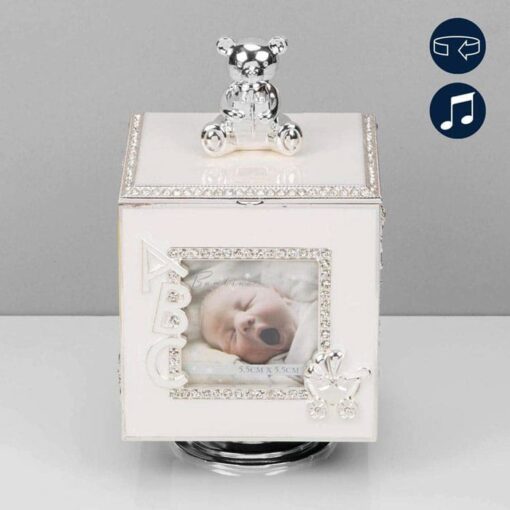 Cutiuta muzicala rotitoare, cub argintat cu rame foto pentru bebelusi