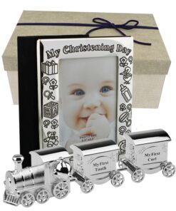 Set album foto de botez si tren argintat cutiute pentru mot si primul dintisor, Cadouri de botez pentru baiat
