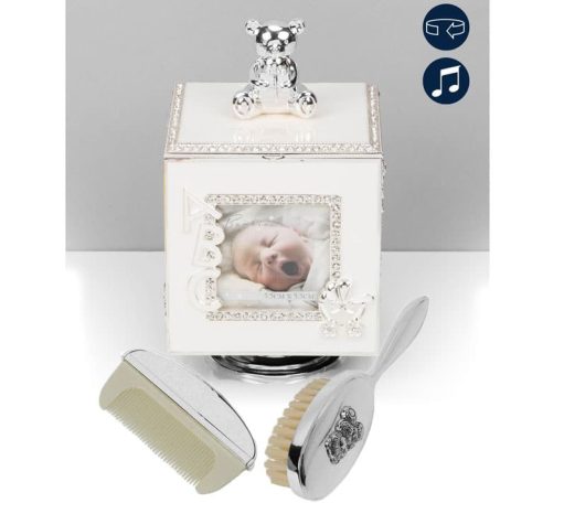 Cub cutiuta muzicala argintata si set perie si pieptan pentru bebelusi Juliana